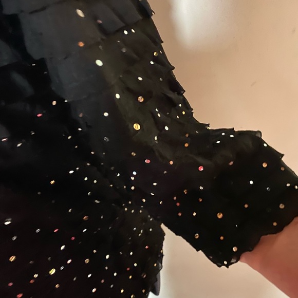 Jet Black Fancy crepe-ish fabric Top with sequins & small ruffles, lightweight - Picture 4 of 9